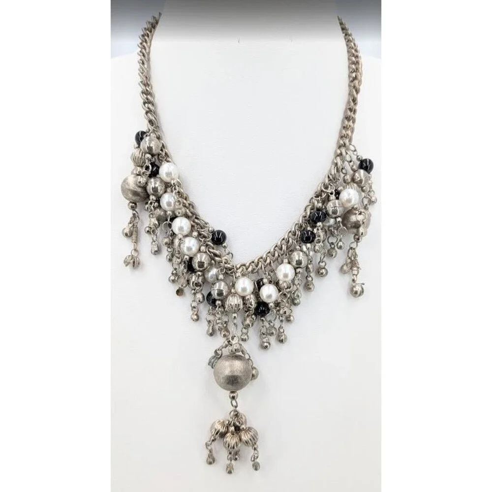Statement Bib Necklace Silver Tone Faux Pearl Black Bead Cha Cha Charm 19 Inch
